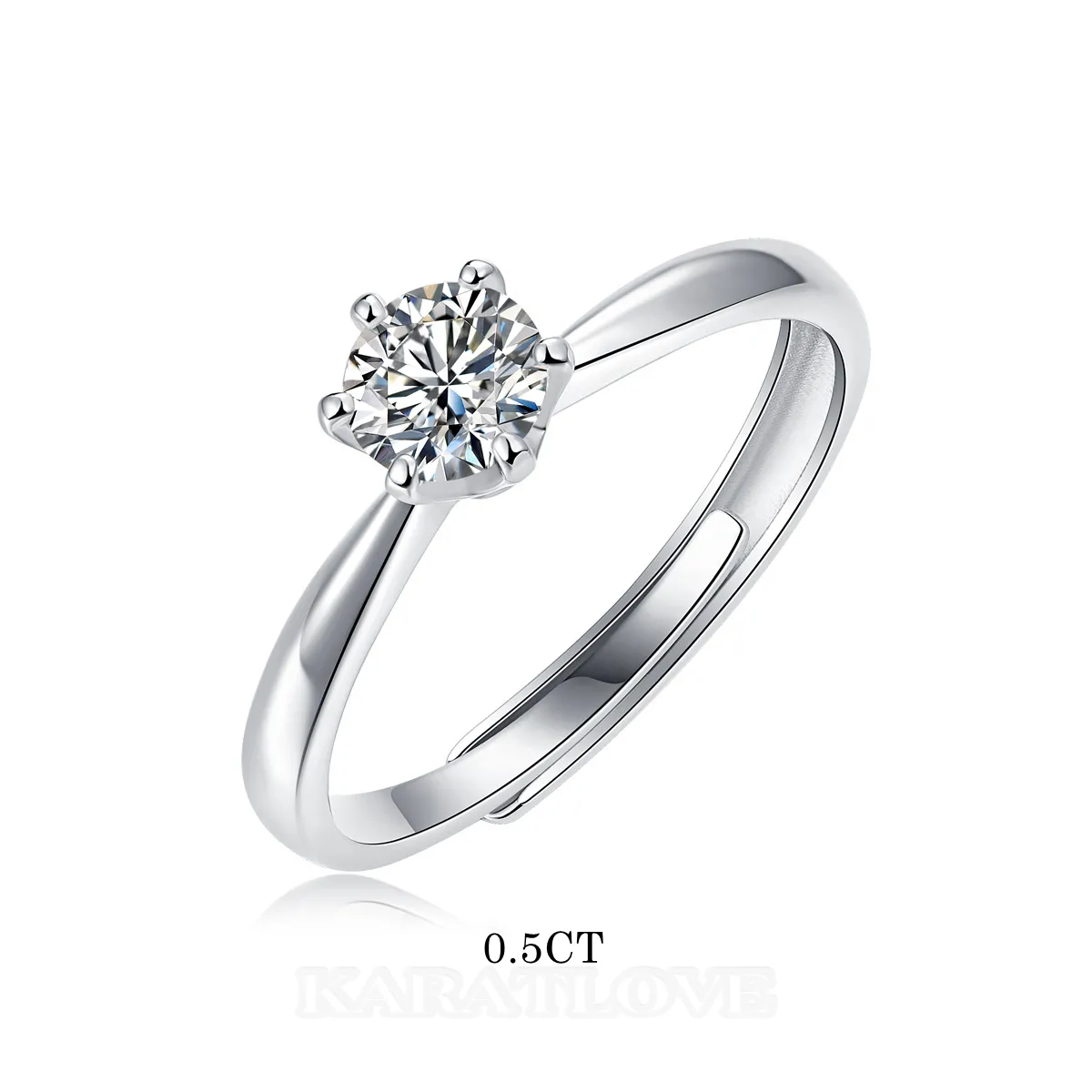 Round Cut Moissanite Diamond White 925 Sterling Silver Adjustable Size Solitaire Engagement Ring