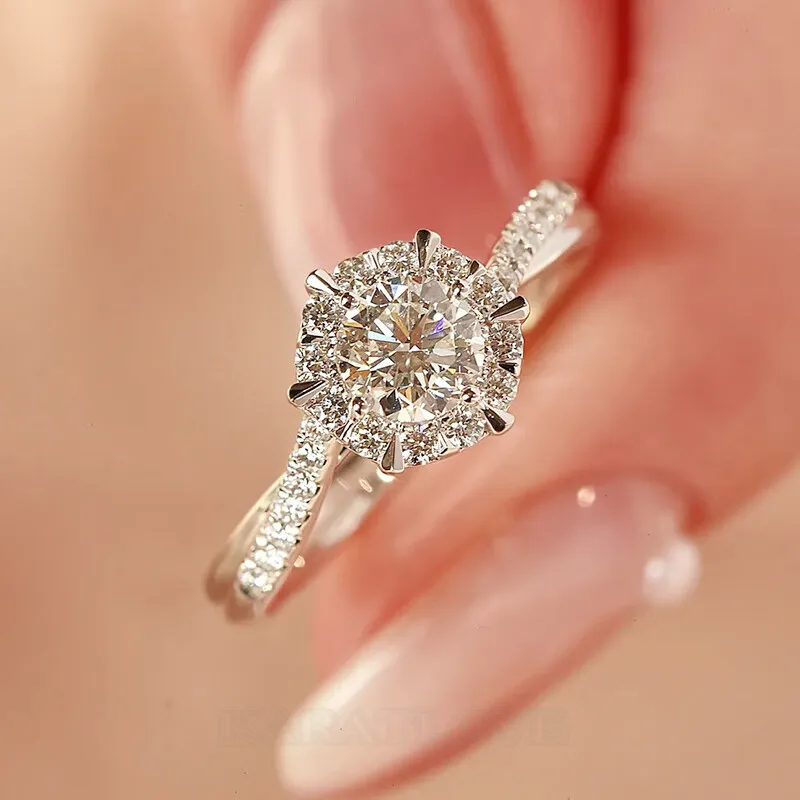 Round Cut Moissanite Diamond White 925 Sterling Silver Halo Engagement Ring