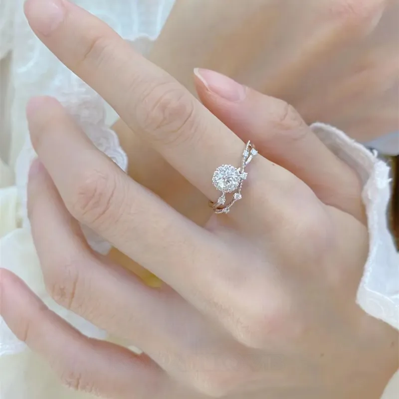 Round Cut Moissanite Diamond White 925 Sterling Silver Halo Engagement Ring