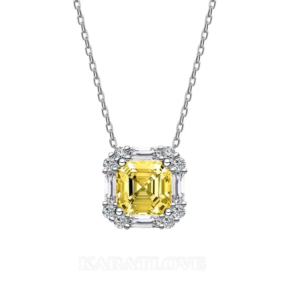 Asscher Citrine Yellow 925 Sterling Silver 16" Necklace