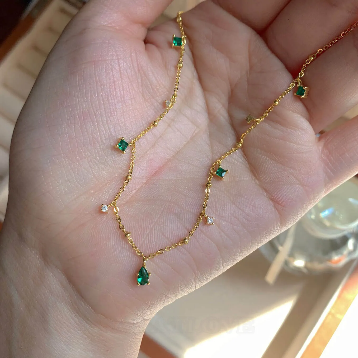 18K Gold Plated 925 Sterling Silver Emerald Green Necklace