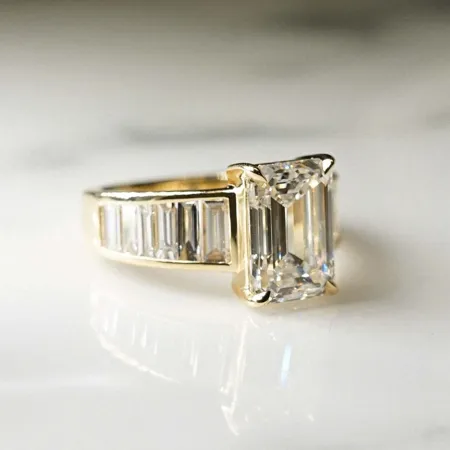 Emerald Cut Diamond White Sterling Silver Yellow Gold Engagement Ring