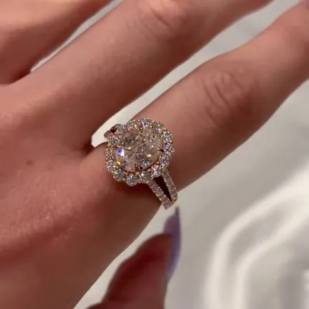 Oval Cut Diamond White Sterling Silver Rose Gold Halo Engagement Ring