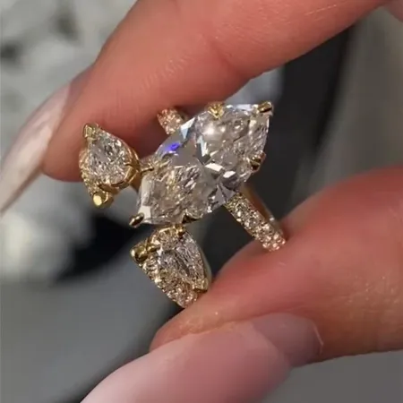 Marquise Cut Diamond White Sterling Silver Yellow Gold Insert Wedding Ring Set