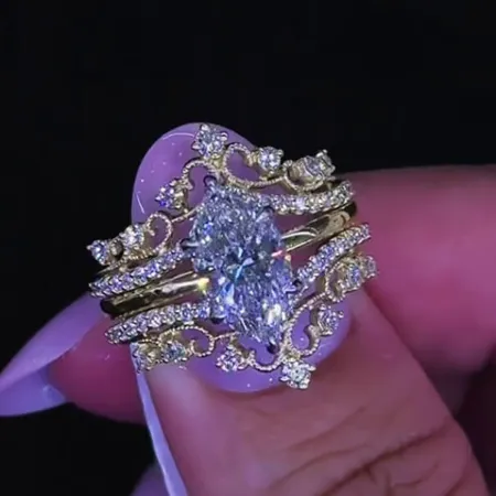 Marquise Cut Diamond White Yellow Gold Sterling Silver Insert Wedding Ring Set