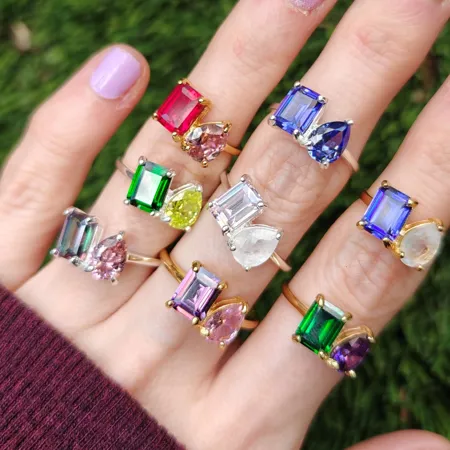 Pear and Emerald Cut Sterling Silver Two Stone Personalized Family Birthstone Mother Daughter Ring