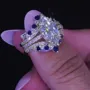 Marquise Cut Diamond White Sapphire Blue Yellow Gold Sterling Silver Insert Wedding Ring Set